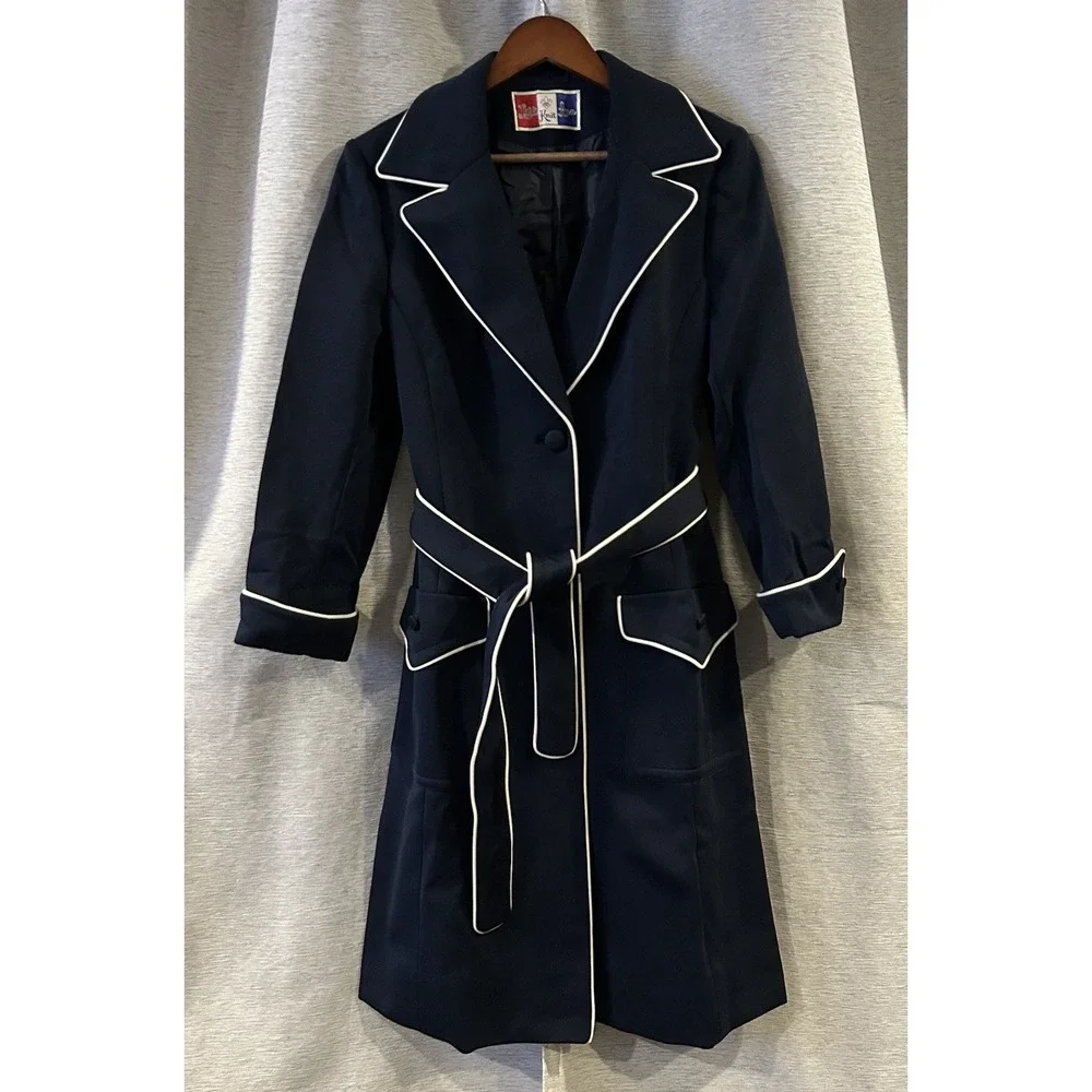 VTG Lilli Ann Knit Jacket Girls Size 16‎ Blue White Piping Button Up Mod Retro